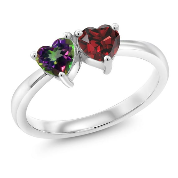 Gem Stone King 1.20 Ct Heart Shape Green Mystic Topaz Red Garnet 925 Sterling Silver Ring (Size 8)