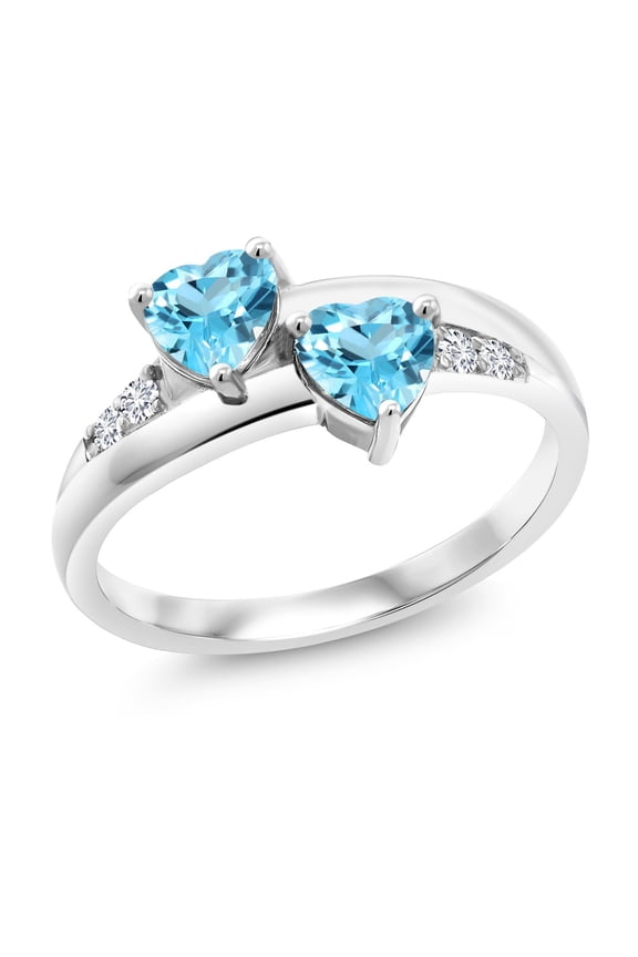 1.20 Ct Heart Shape Swiss Blue Topaz 925 Sterling Silver Lab Grown Diamond Ring (Size 7)