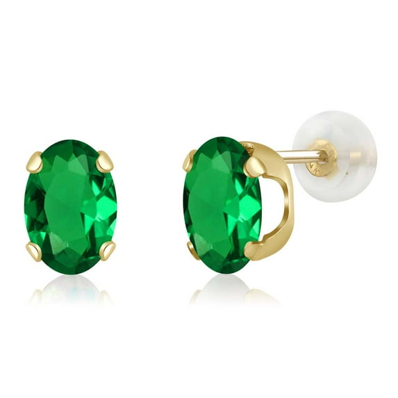Gem Stone King 1.20 Cttw Oval 7X5MM Green Simulated Emerald 14K Yellow Gold Stud Earrings for Women Men | Fine Jewelry Gifts for Her Mom Women Wife