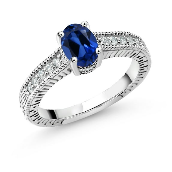 Gem Stone King 1.20 Ct Oval Blue Created Sapphire White Topaz 925 Sterling Silver Ring (Size 7)