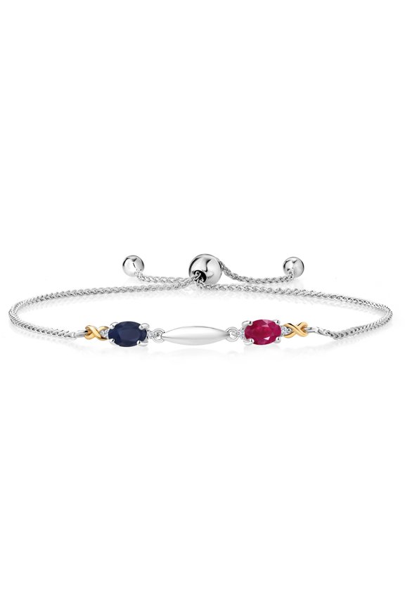 1.20 Ct Oval Blue Sapphire Red Ruby 925 Silver and 10K Yellow Gold Lab Grown Diamond Bracelet for Women
