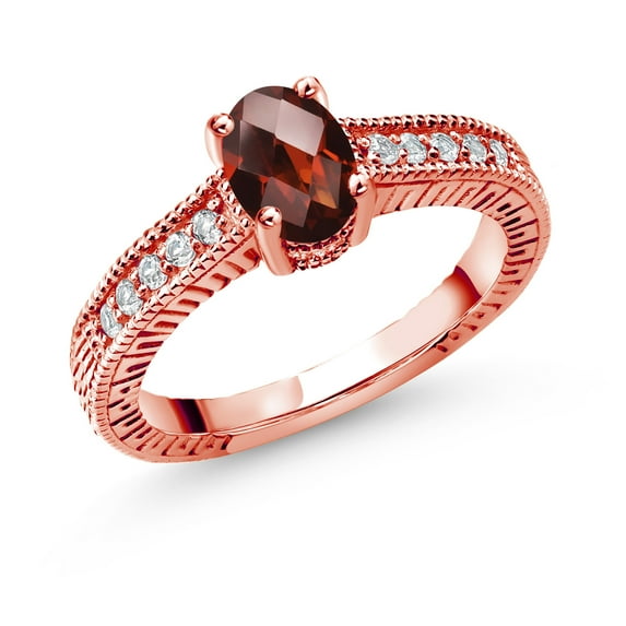 Gem Stone King 1.20 Ct Oval Checkerboard Red Garnet White Topaz 18K Rose Gold Plated Silver Ring (Size 7)
