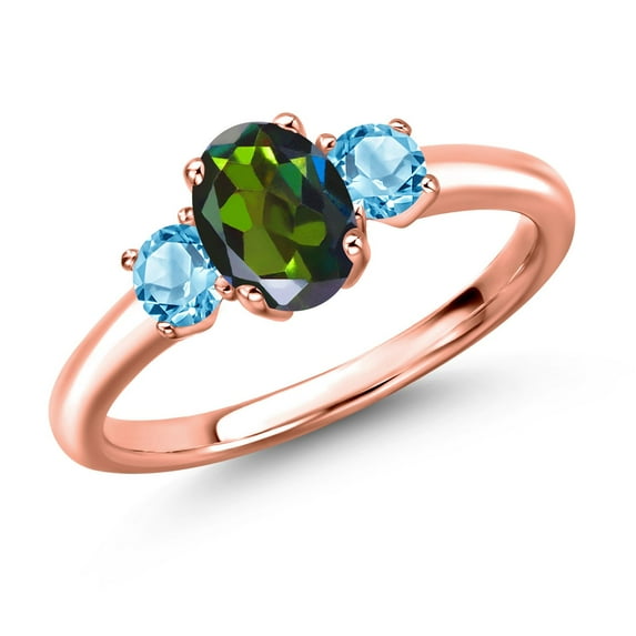 Gem Stone King 18K Rose Gold Plated Silver Tourmaline Green Mystic Topaz and Swiss Blue Topaz Engagement Ring for Women | 1.20 Cttw | Oval 7X5MM | Gemstone November Birthstone | Size 6