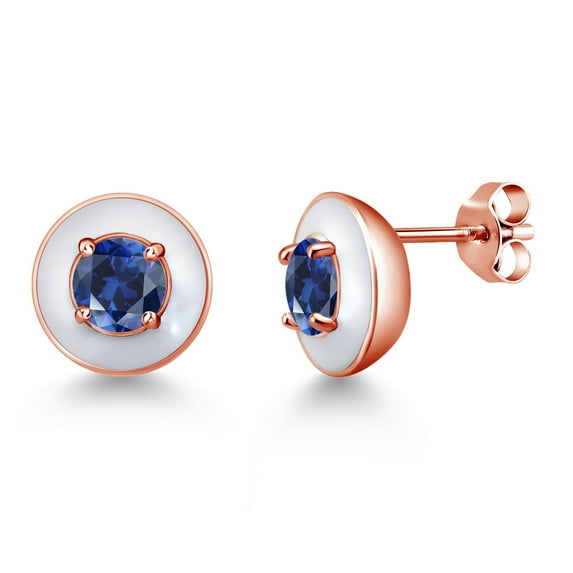 Gem Stone King 1.20 Ct Round 5mm Blue Created Sapphire 18K Rose Gold Plated Silver White Enamel Stud Earrings for Women Men