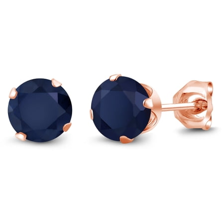 Gem Stone King 1.20 Ct Round 5mm Blue Sapphire 18K Rose Gold Plated Silver Stud Earrings for Women Men