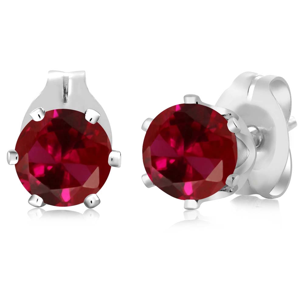 Gem Stone King 1.20 Ct Round 5mm Red Created Ruby Brass Silver Plated Brass Stud Earrings for Women Men