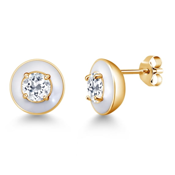 Gem Stone King 1.20 Ct Round 5mm White Topaz 18K Yellow Gold Plated Silver White Enamel Stud Earrings for Women Men