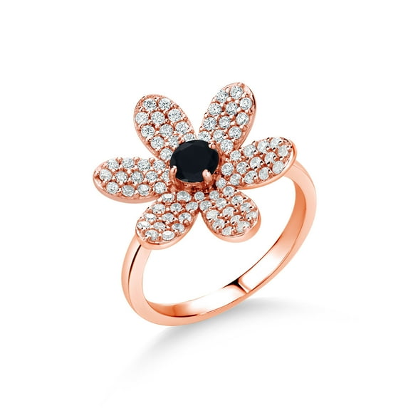 Gem Stone King 1.20 Ct Round Black Onyx 18K Rose Gold Plated Silver Ring