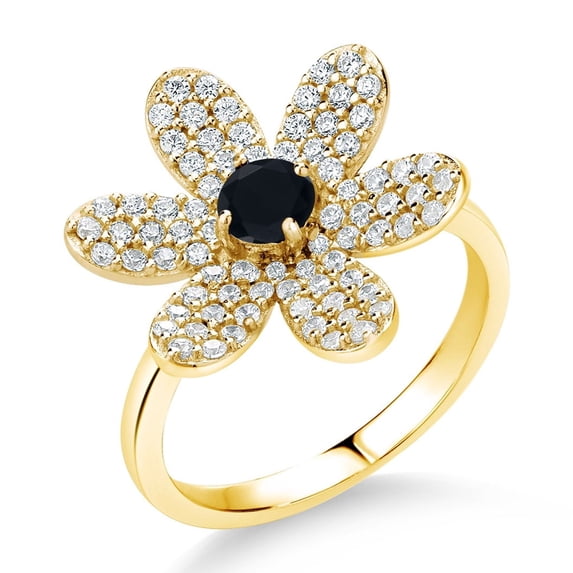 Gem Stone King 1.20 Ct Round Black Onyx 18K Yellow Gold Plated Silver Ring