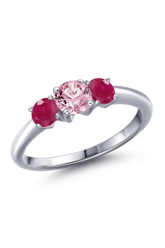 925 Sterling Silver Pink Lab Grown Diamond and Red Ruby Engagement Ring for Women | 1.20 Cttw | Round 5MM | Gemstone April Birthstone | Size 6