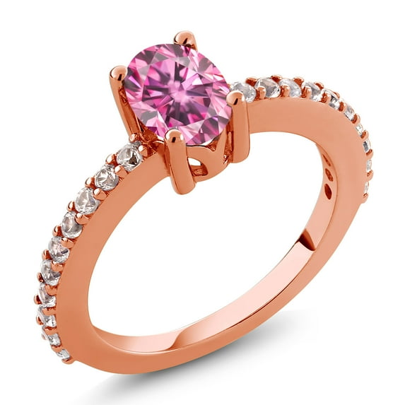 Gem Stone King 1.20 Cttw 18K Rose Gold Plated Silver 7X5MM Oval Pink Moissanite and white Created Sapphire Ring for Women (Size 9)