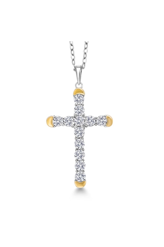 1.20 Cttw Lab Grown Diamond Religious Cross Pendant Necklaces for Women | 925 Silver and 10K Yellow Gold | F-G Color | VVS-VS Clarity | 30X19MM | With 18 inch Chain