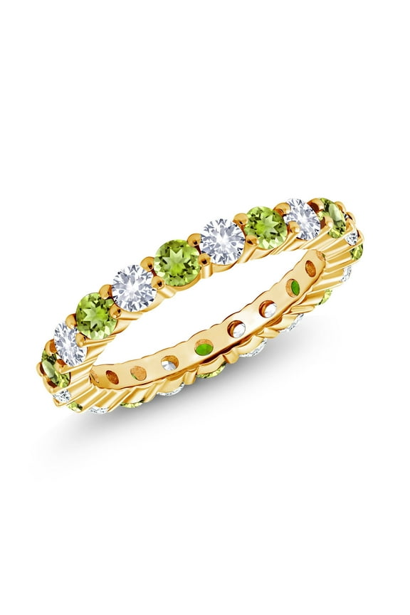 1.20 Cttw Round Green Peridot and White Created Sapphire Eternity Band Ring for Women | 18K Yellow Gold Plated Silver | Wedding Engagement Anniversary Promise Ring for Women| Size 8