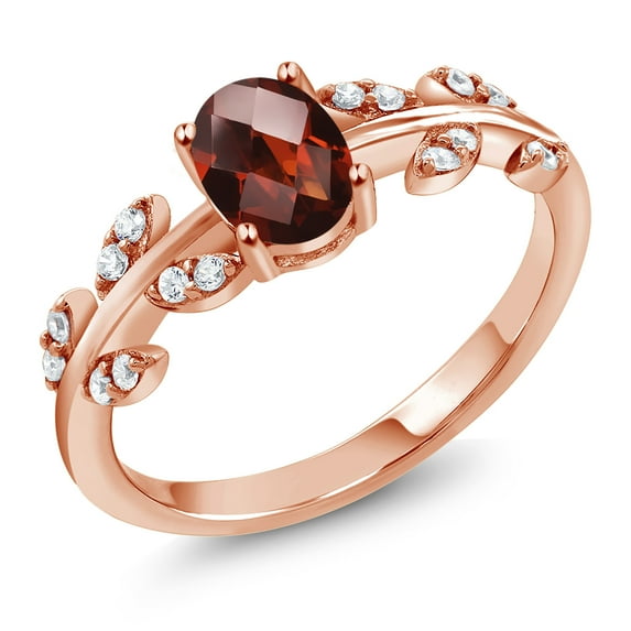 Gem Stone King 1.21 Ct Oval Checkerboard Red Garnet 18K Rose Gold Plated Silver Greek Olive Vine Branch Engagement Ring