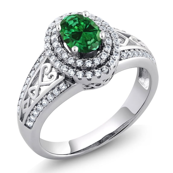 Gem Stone King 1.21 Cttw Green Simulated Emerald Ring for Women | 925 Sterling Silver | Oval 6X4MM | Available in Size 5, 6, 7, 8, 9
