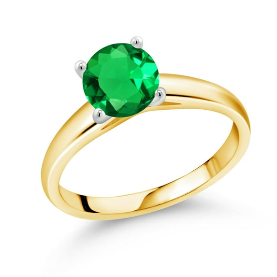 Gem Stone King 10K White And Yellow Gold Green Nano Emerald Engagement Ring for Women | 1.22 Cttw | Round 7MM | Gemstone May Birthstone | Size 8