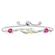 Gem Stone King 1.22 Ct Heart Shape Pink Created Sapphire and Lab Grown Diamond 925 Silver and 10K Yellow Gold Bracelet for Women