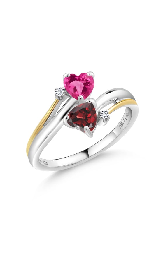 1.22 Ct Pink Created Sapphire Red Garnet 925 Silver and 10K Yellow Gold Lab Grown Diamond 2 Heart Promise Couple Engagement Mother Ring (Size 5)