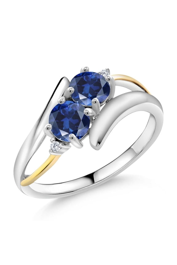 1.22 Ct Round Blue Created Sapphire 925 Silver and 10K Yellow Gold Lab Grown Diamond Two Stone Crossover Ring (Size 8)