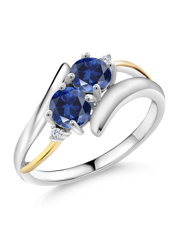 1.22 Ct Round Blue Created Sapphire 925 Silver and 10K Yellow Gold Lab Grown Diamond Two Stone Crossover Ring (Size 8)