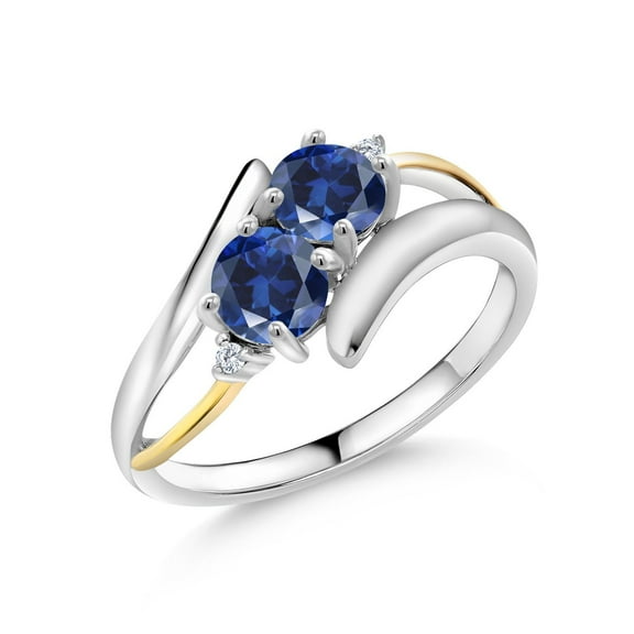 Gem Stone King 1.22 Ct Round Blue Created Sapphire 925 Silver and 10K Yellow Gold Lab Grown Diamond Two Stone Crossover Ring (Size 5)