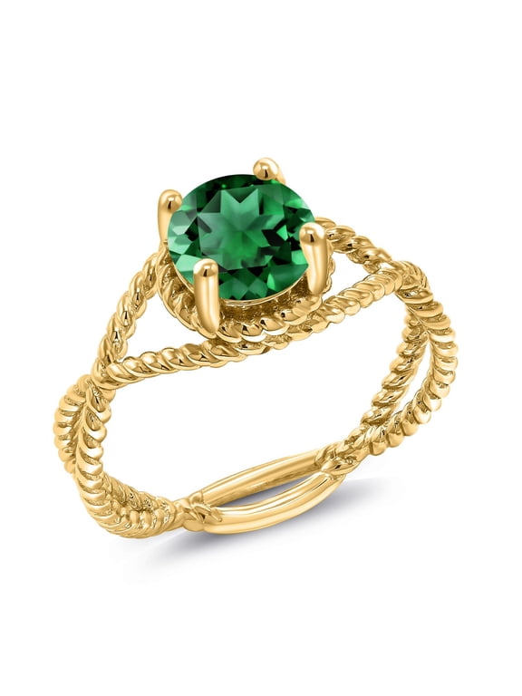 1.22 Ct 7X7mm Round Green Simulated Emerald 18K Yellow Gold Plated Silver Ring