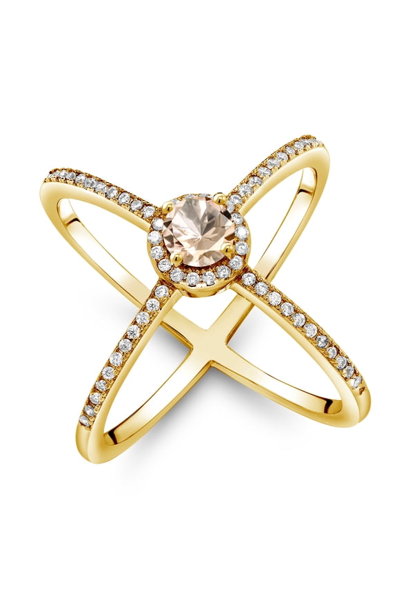 1.22 Ct Round Peach Morganite 18K Yellow Gold Plated Silver Criss Cross X Ring (Size 6)