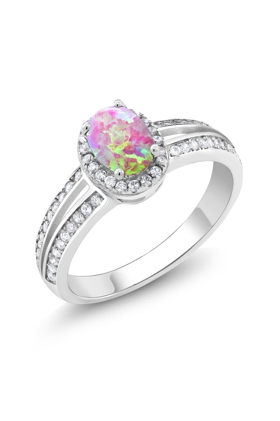 1.23 Ct Oval Cabochon Pink Simulated Opal 925 Sterling Silver Ring (Size 6)