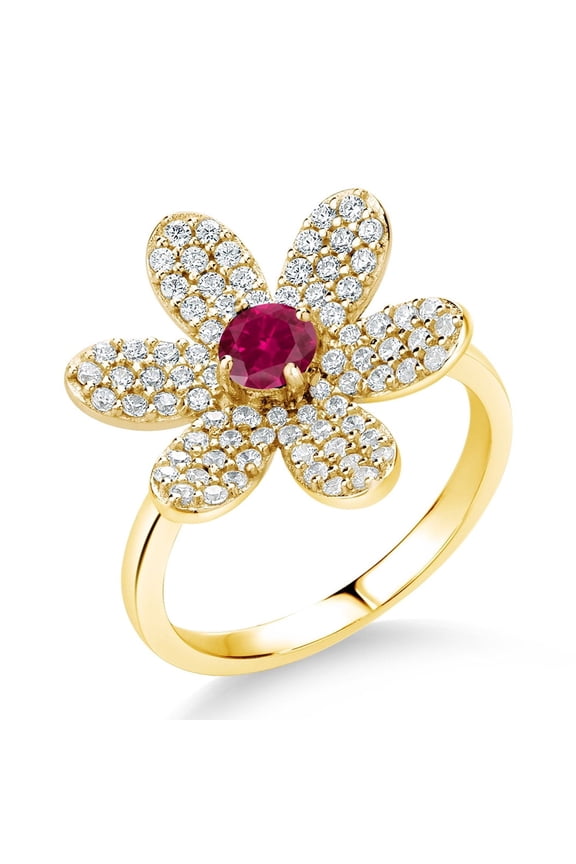 1.23 Ct Round Red Created Ruby Keren Hanan ART 18K Yellow Gold Plated Silver Ring