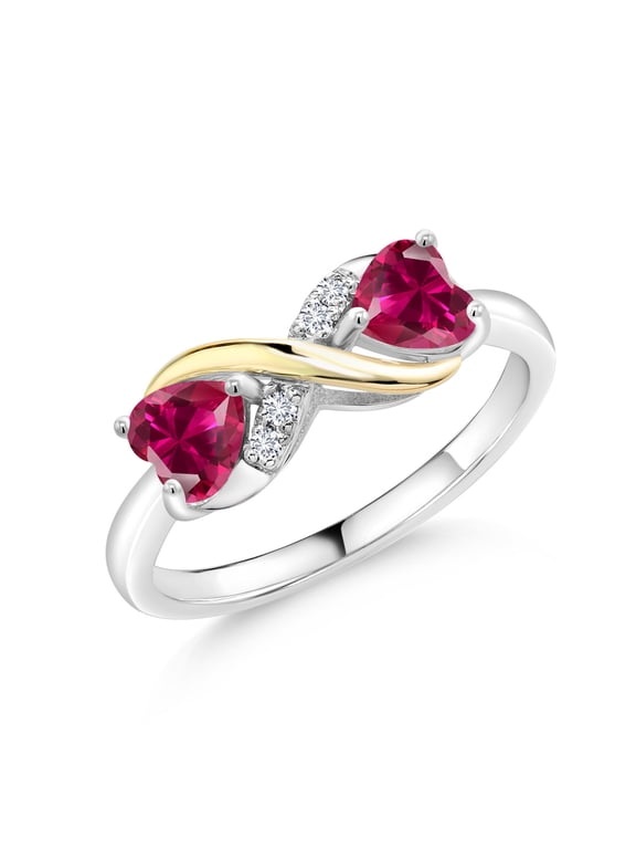 925 Silver and 10K Yellow Gold Red Created Ruby and Lab Grown Diamond Engagement Ring for Women | 1.24 Cttw | Heart Shape 5MM | Gemstone July Birthstone | Size 7