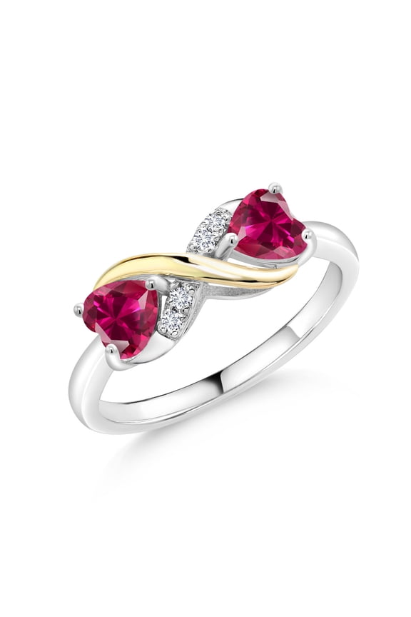 1.24 Ct Heart Shape Red Created Ruby 925 Silver and 10K Yellow Gold Lab Grown Diamond Ring