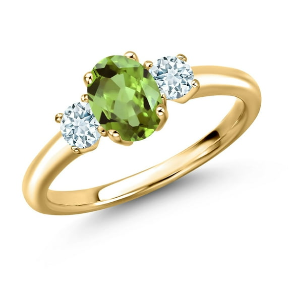 Gem Stone King 18K Yellow Gold Plated Silver Green Peridot and Sky Blue Aquamarine Engagement Ring for Women | 1.24 Cttw | Oval 7X5MM | Gemstone August Birthstone | Size 8