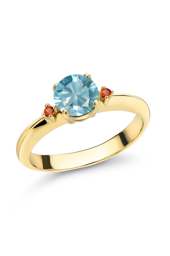 1.24 Ct Round Blue Zircon Orange Sapphire 18K Yellow Gold Plated Silver 3-Stone Engagement Ring (Size 9)