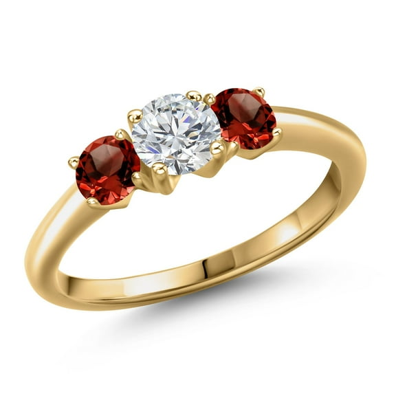 Gem Stone King 18K Yellow Gold Plated Silver Lab Grown Diamond and Red Garnet Engagement Ring for Women | 1.24 Cttw | Round 5MM | Gemstone April Birthstone | Size 8
