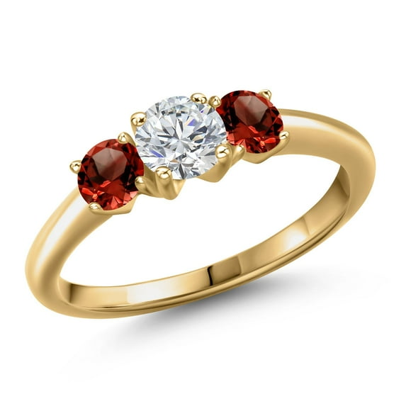 Gem Stone King 18K Yellow Gold Plated Silver Lab Grown Diamond and Red Garnet Engagement Ring for Women | 1.24 Cttw | Round 5MM | Gemstone April Birthstone | Size 9