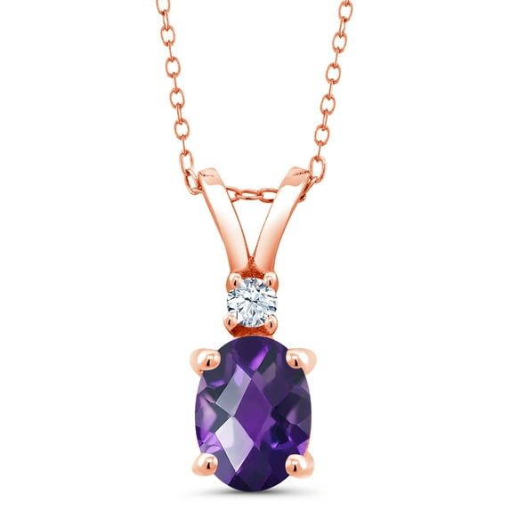Gem Stone King 1.25 Ct Oval Checkerboard Purple Amethyst White Created Sapphire 18K Rose Gold Plated Silver Pendant with Chain