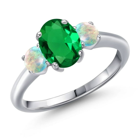 Gem Stone King 1.25 Ct Oval Green Nano Emerald White Simulated Opal 925 Sterling Silver Ring (Size 8)