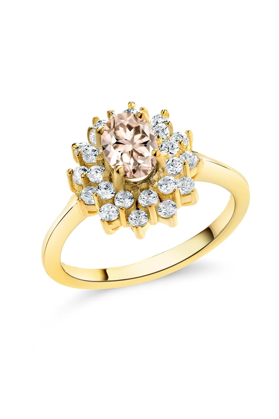 1.25 Ct Oval Peach Morganite 18K Yellow Gold Plated Silver Flower Ring (Size 7)