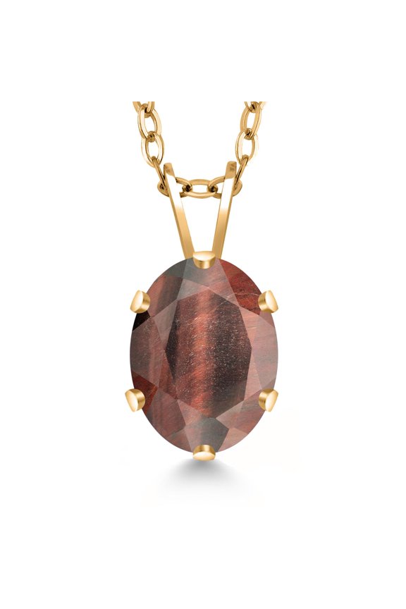 1.25 Ct Oval Red Tiger Eye 18K Yellow Gold Plated Silver Pendant with Chain