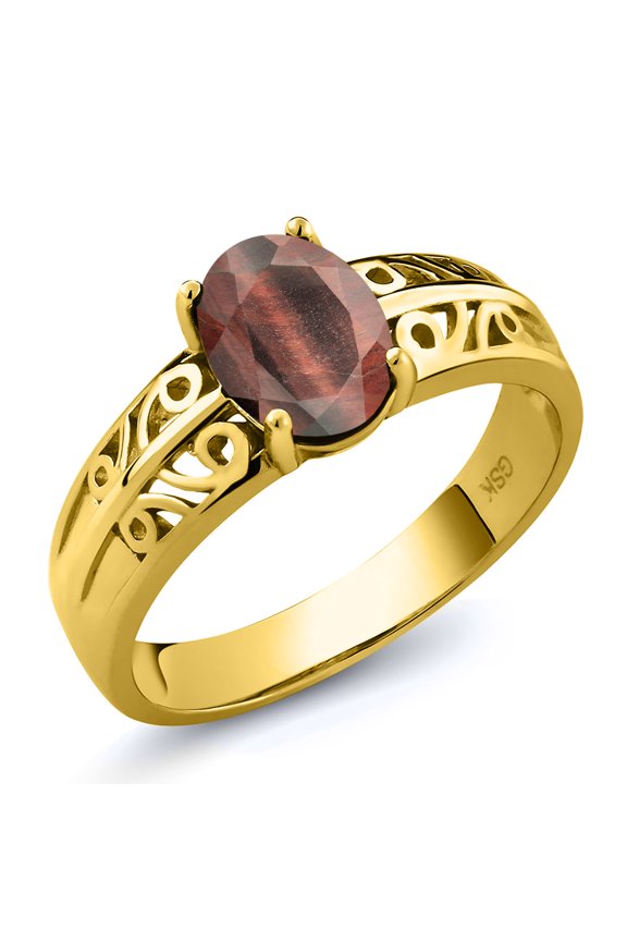 1.25 Ct Oval Red Tiger Eye 18K Yellow Gold Plated Silver Ring (Size 7)