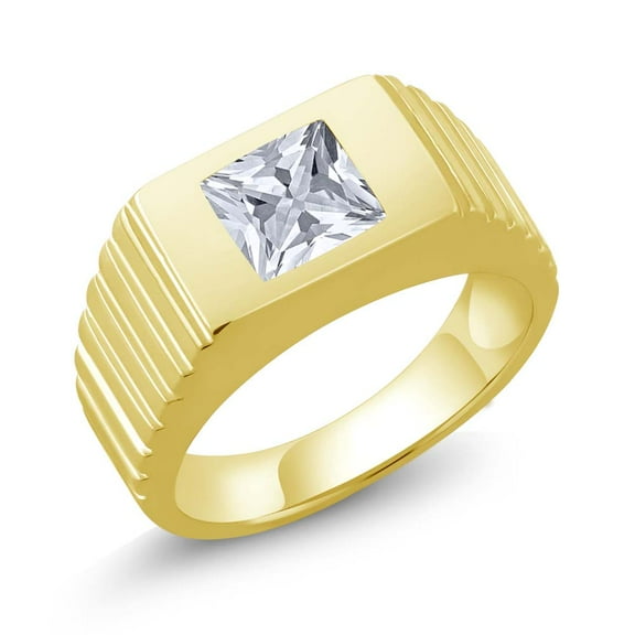 Gem Stone King 1.25 Ct Princess White Zirconia 18K Yellow Gold Plated Silver Men's Ring (Size 12)