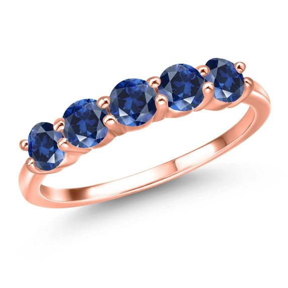 Gem Stone King 1.25 Ct Round Blue Created Sapphire 18K Rose Gold Plated Silver Ring