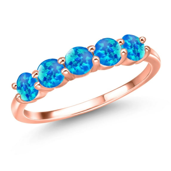 Gem Stone King 1.25 Ct Round Cabochon Blue Simulated Opal 18K Rose Gold Plated Silver Ring