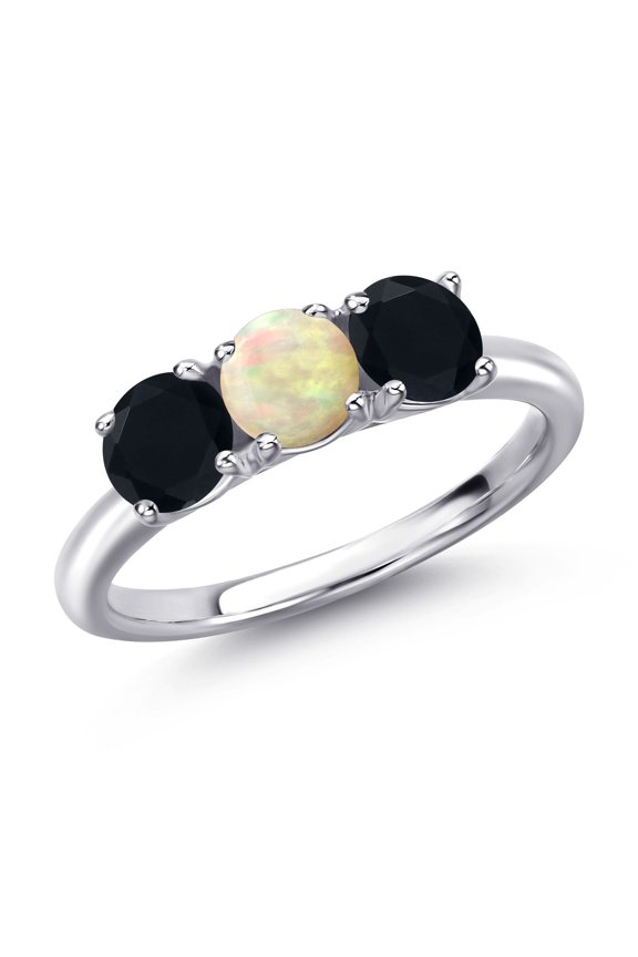 925 Sterling Silver White Ethiopian Opal and Black Onyx Engagement Ring for Women | 1.25 Cttw | Round Cabochon 5MM | Gemstone October Birthstone | Size 5