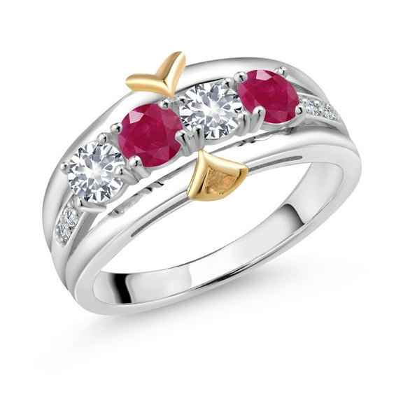 Gem Stone King 1.25 Ct White Created Sapphire Red Ruby 925 Silver and 10K Yellow Gold 4-Stone Lab Grown Diamond Band Ring (Size 6)