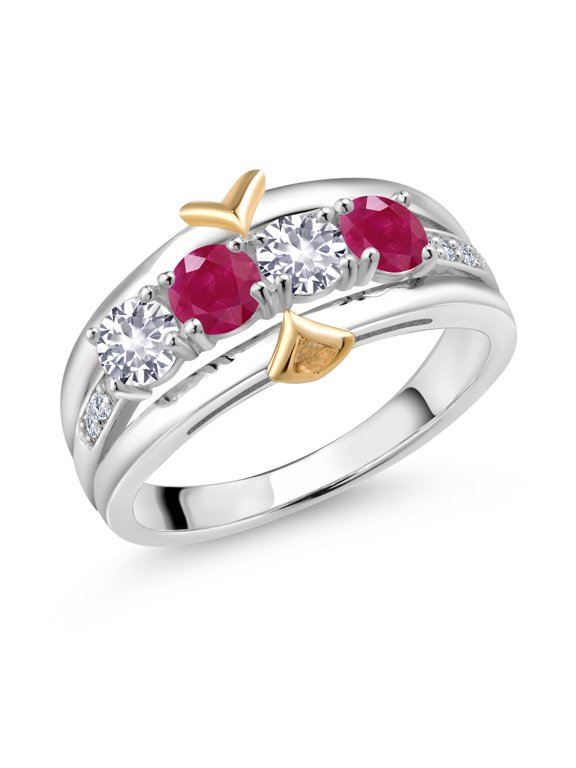 1.25 Ct White Created Sapphire Red Ruby 925 Silver and 10K Yellow Gold 4-Stone Lab Grown Diamond Band Ring (Size 5)