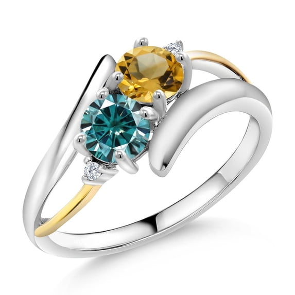 Gem Stone King 1.25 Cttw Yellow Citrine and Blue Moissanite 925 Silver and 10K Yellow Gold Ring | Round 5MM (Size 8)