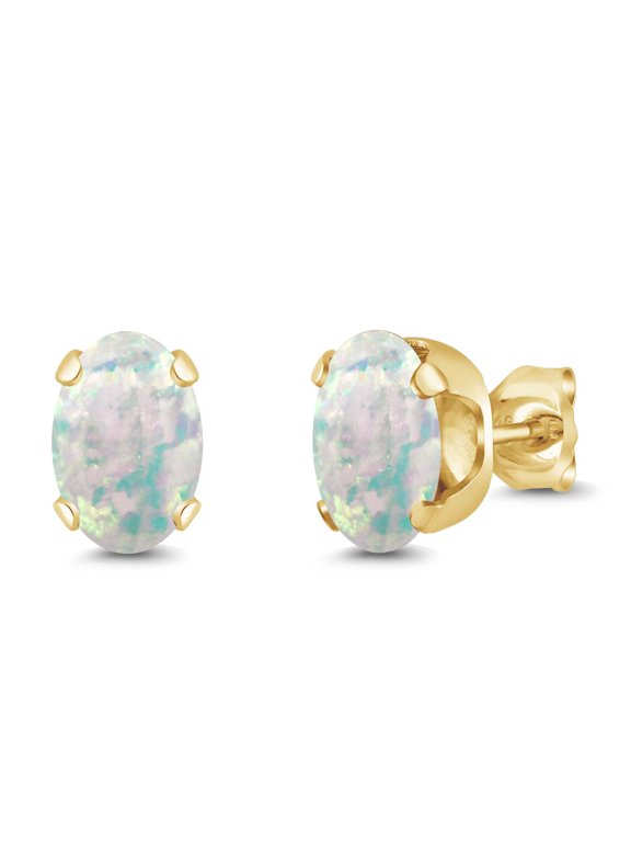 1.26 Cttw Oval Cabochon 7X5MM White Simulated Opal 18K Yellow Gold Plated Silver Stud Earrings for Women Men