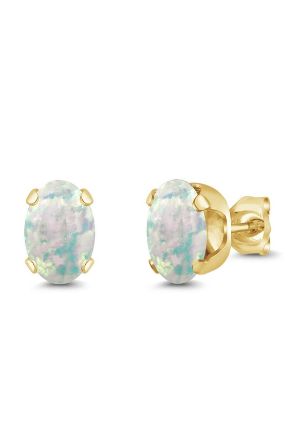 1.26 Ct 7x5mm White Simulated Opal 18K Yellow Gold Plated Silver Stud Earrings for Women Men
