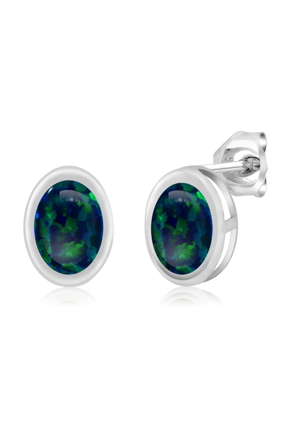 1.26 Ct Oval Cabochon 7x5mm Bezel Setting Green Simulated Opal 925 Silver Stud Earrings for Women Men